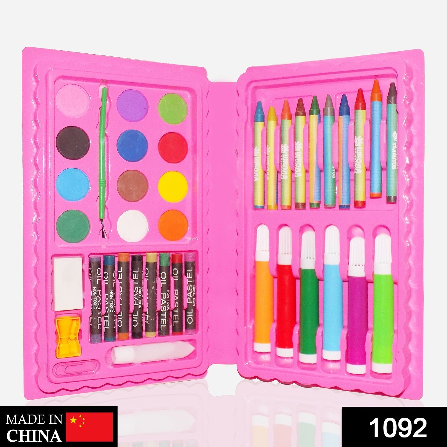 Comprehensive art set with crayons, watercolor, and pens. Comprehensive art set with crayons, watercolor, and pens.